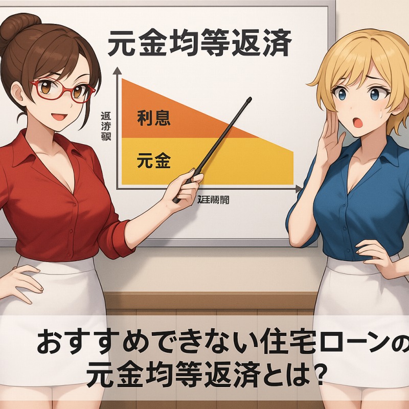 住宅ローンの元金均等返済を説明している二人のセクシー美人秘書