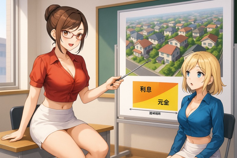 住宅ローンの元利均等払いを勉強している二人のセクシー美人秘書