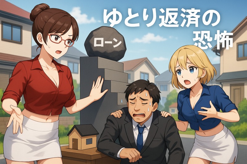 ゆとり返済住宅ローンを選んで破綻直前のお父さんを励ましてるセクシー美人秘書二人